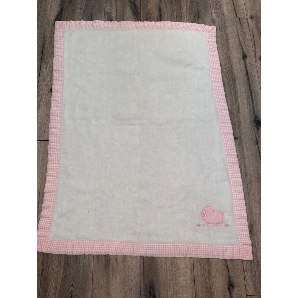 Pink Gingham Baby Blanket With Embroidered Lamb Design 33"x43" Soft Cotton Blend